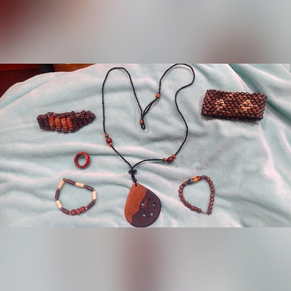 Bundle! Wooden Jewelry - Necklace, 4 Bracelets, and Ring